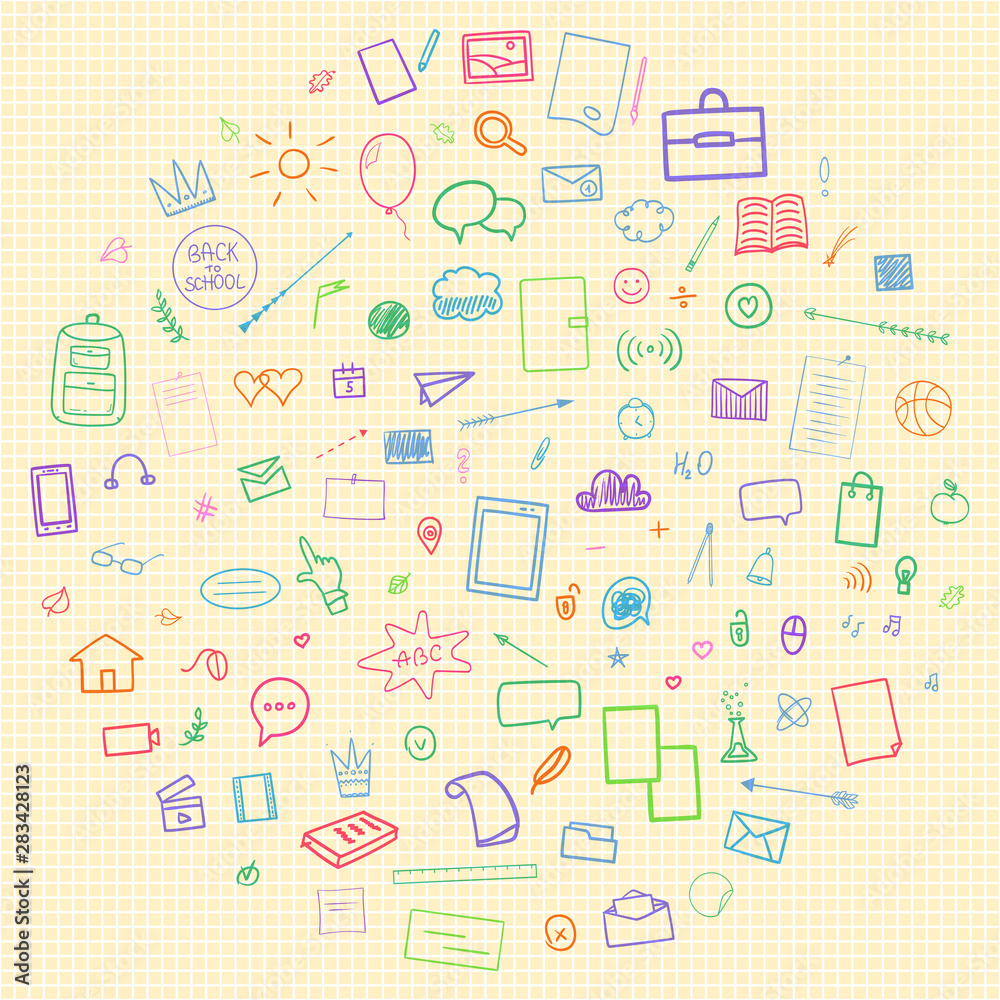 Abstract pattern with school supplies. Graphic paper background. Checkered texture. Back to school. Hand drawn elements. Education concept Abstract pattern with school supplies. Graphic paper background. Checkered texture. Back to school. Hand drawn elements. Education concept