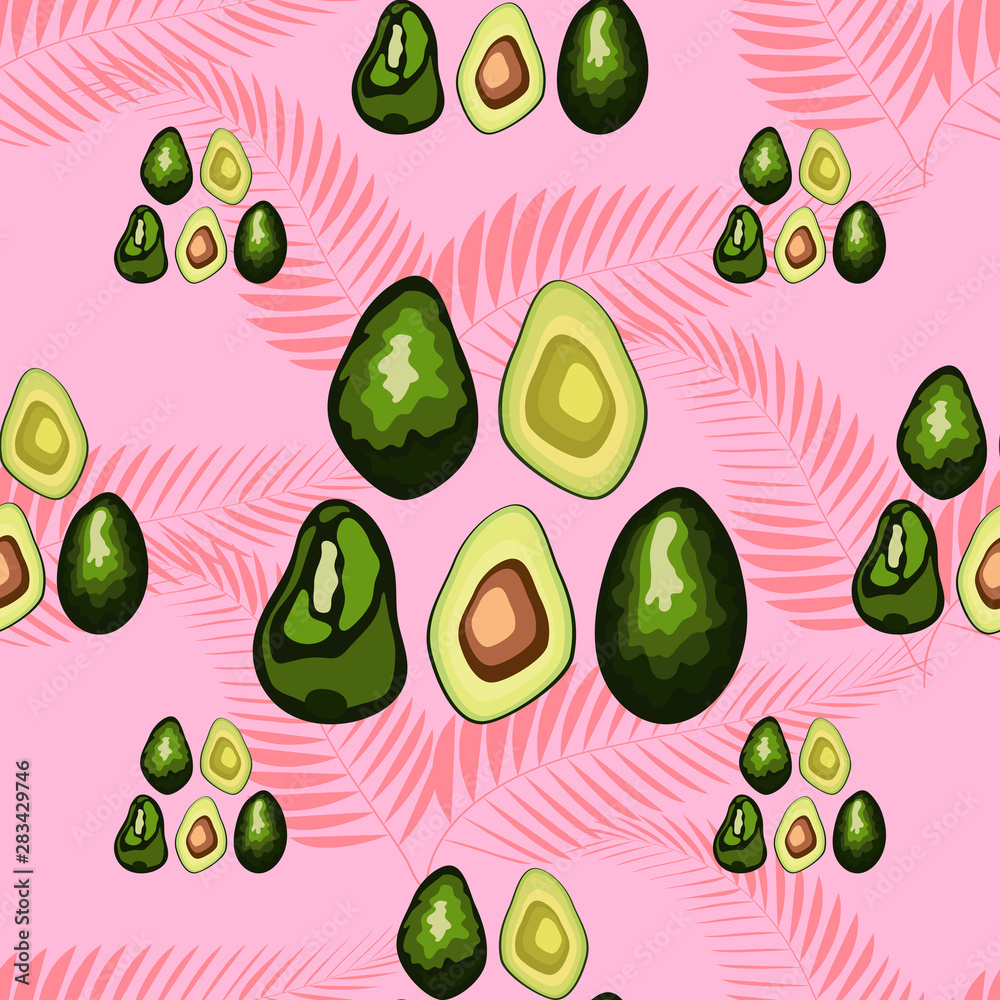 Avocado seamless pattern with tropical leaves of palm tree, background. Avocado seamless pattern with tropical leaves of palm tree, background.