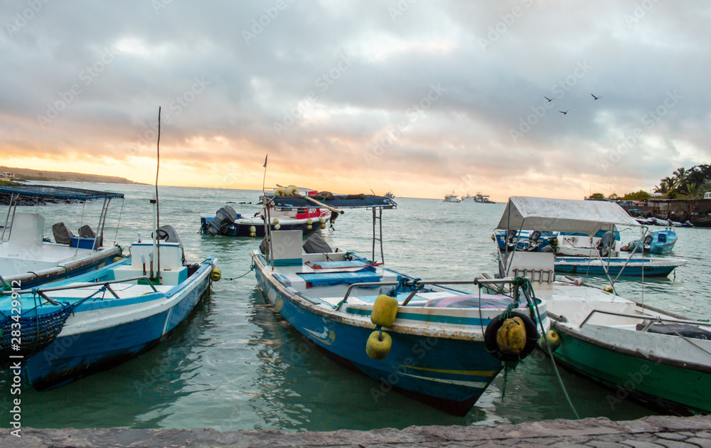 handmade fishing boats located in a small harbor in a beautiful sunrise