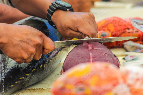 hands cutting a piece of tuna at a market stall in a small harbor