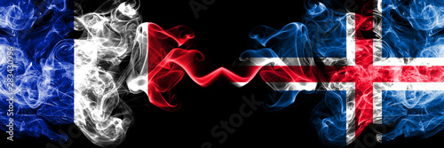 France vs Iceland, Icelandic smoky mystic flags placed side by side. Thick colored silky abstract smoke banner of French and Iceland, Icelandic photo