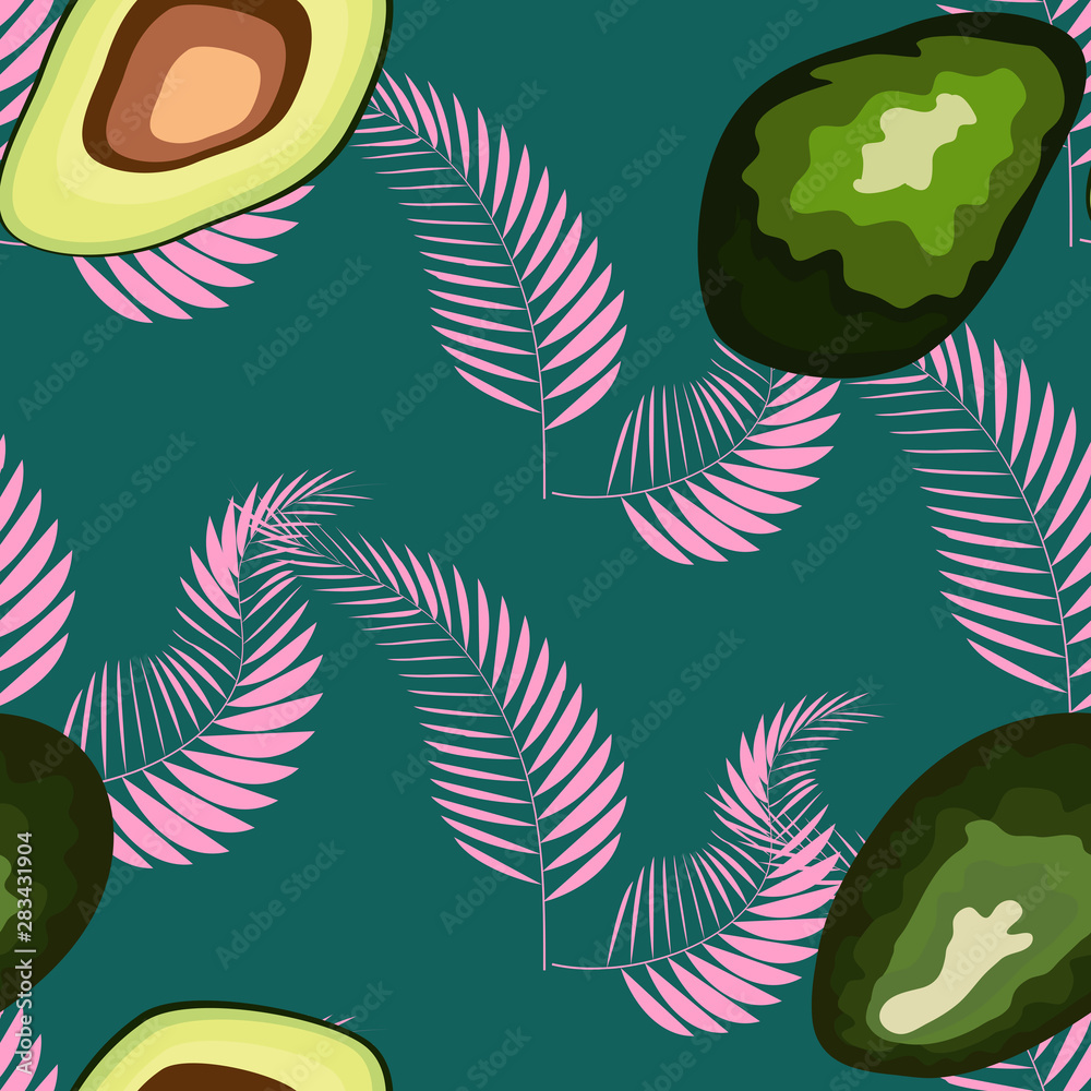 Seamless exotic vector pattern with avocado slices and leaves of monstera on trendy background.