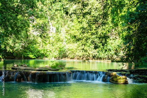 Waterfall in deep tropical rainforest with green tree