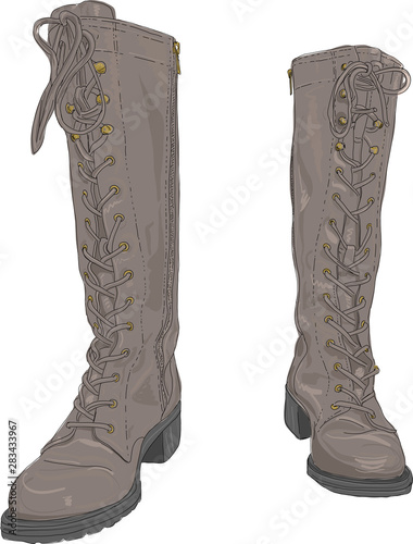 Cute hand drawn illustration of stylish, lace up, leather boots.