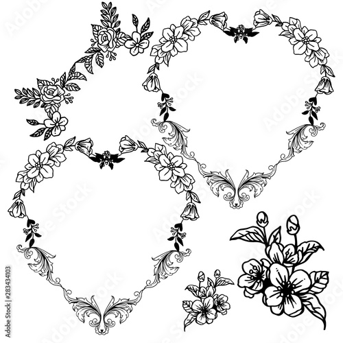 Decorative design leaf floral frame, in black and white colors. Vector