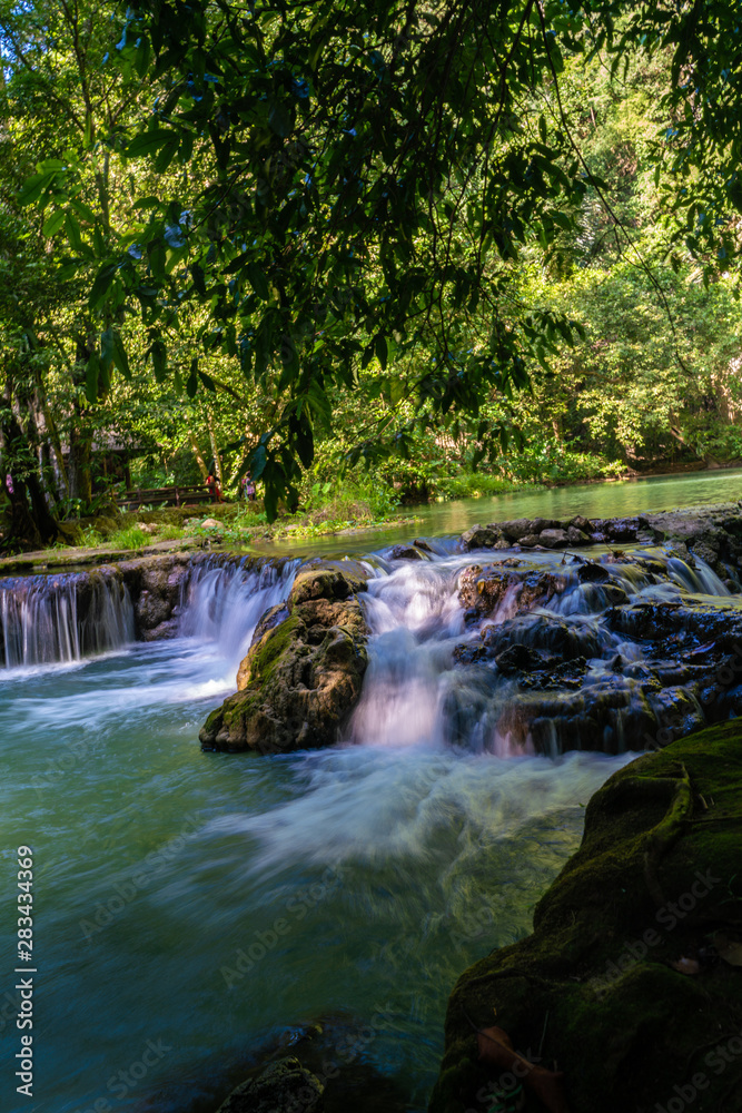 Waterfall in deep tropical rainforest with green tree