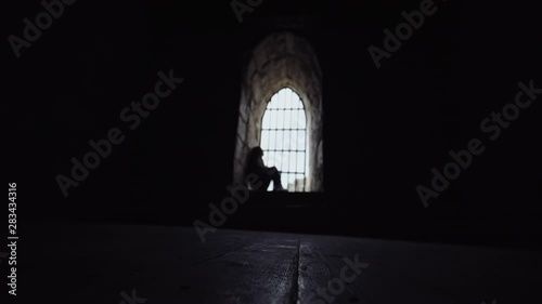 Silhouette of a girl sitting behind bars in the tower and touching the bars with her hand