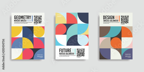 Isolated abstract geometric A4 paper design. Original vector multi colored blank cover illustration on neutral background. EPS10.