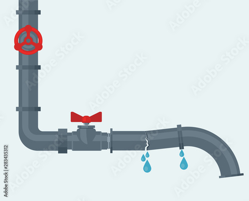 Leaking water pipes. Broken steel pipeline with leakage. Vector