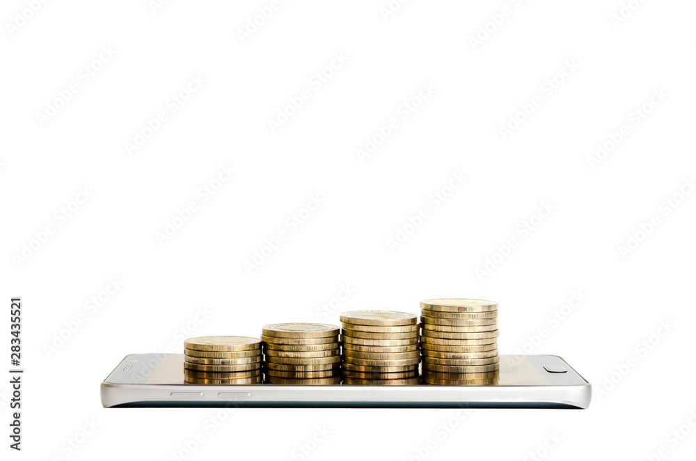 Coins on the smartphone screen on a white background, the idea for investing in online market trading Coins on the smartphone screen on a white background, the idea for investing in online market trading