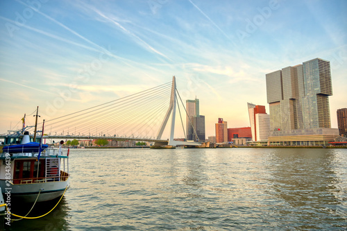 A view of the Erasmusbrug (Erasmus Bridge) which connects the north and south parts of Rotterdam, the Netherlands. © Jbyard