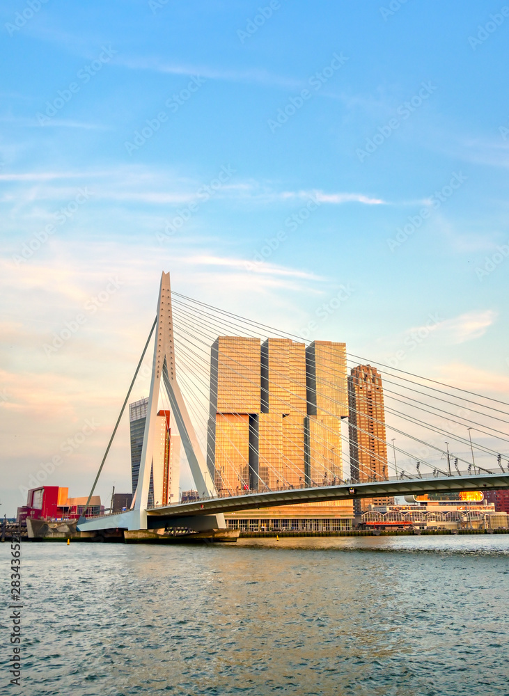 A view of the Erasmusbrug (Erasmus Bridge) which connects the north and south parts of Rotterdam, the Netherlands.