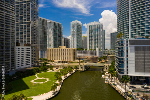 Aerial drone photo of The Miami River between Downtown and Brickell