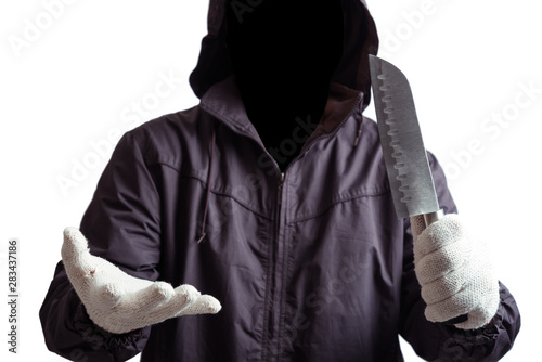 front of hacker man with dark face holding a knife in hand isolated on white background