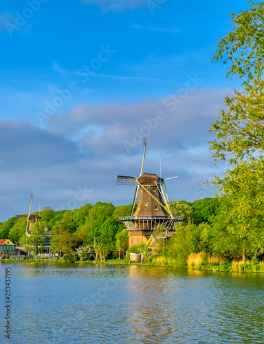 Historic windmills located in Kralingen Lake in Rotterdam  the Netherlands.