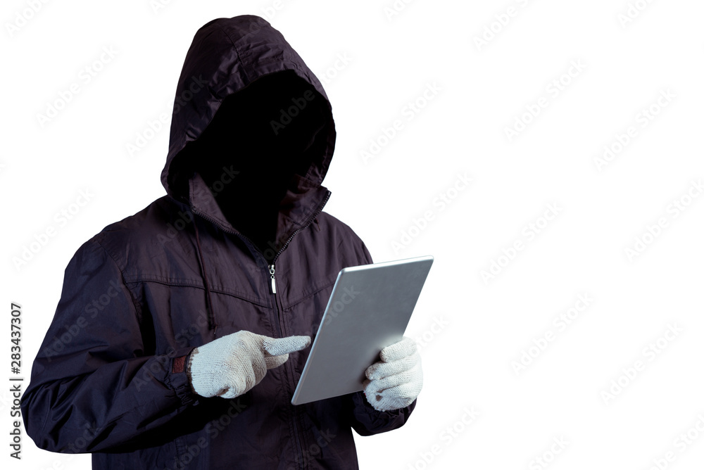 front of hacker man with dark face holding tablet in hand isolated on white background front of hacker man with dark face holding tablet in hand isolated on white background