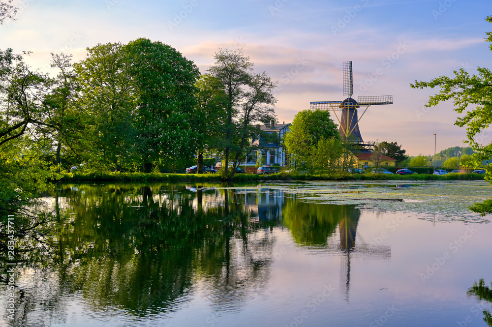 Historic windmills located in Kralingen Lake in Rotterdam, the Netherlands.