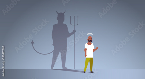 african american guy with nimbus choosing between good and evil shadow of devil imagination aspiration concept male cartoon character standing pose full length flat horizontal