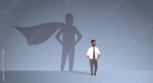 african american businessman dreaming about being super hero shadow of man with cape imagination aspiration concept male cartoon character standing pose full length flat horizontal