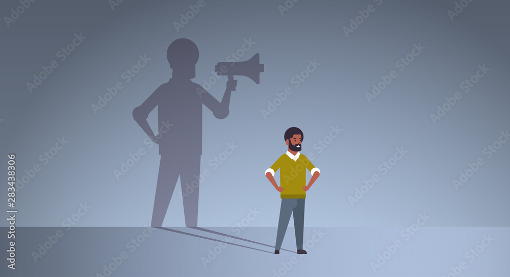 african american guy dreaming about being manager or boss screaming in megaphone shadow of business man with loudspeaker imagination aspiration concept full length flat horizontal