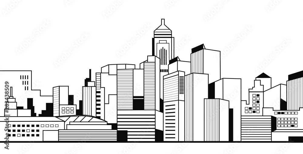 modern city buildings high skyscrapers view cityscape skyline background urban life thin line style horizontal