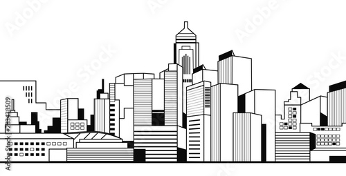 modern city buildings high skyscrapers view cityscape skyline background urban life thin line style horizontal