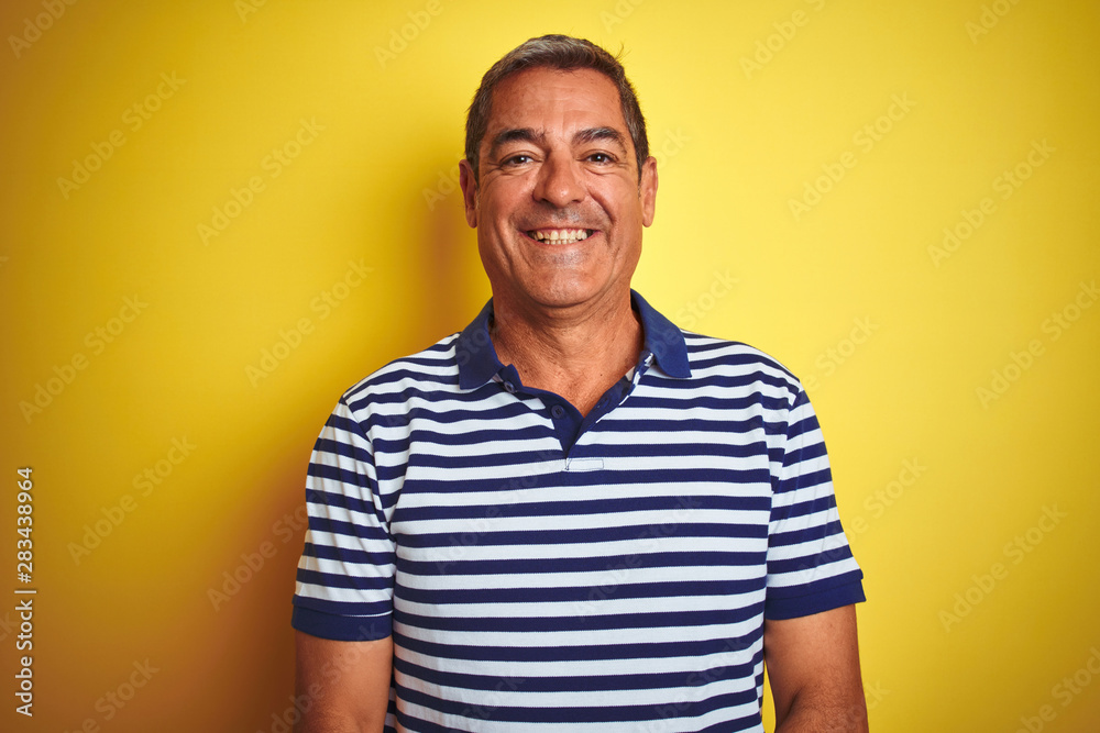 Handsome middle age man wearing striped polo standing over isolated yellow background with a happy and cool smile on face. Lucky person. - obrazy, fototapety, plakaty 