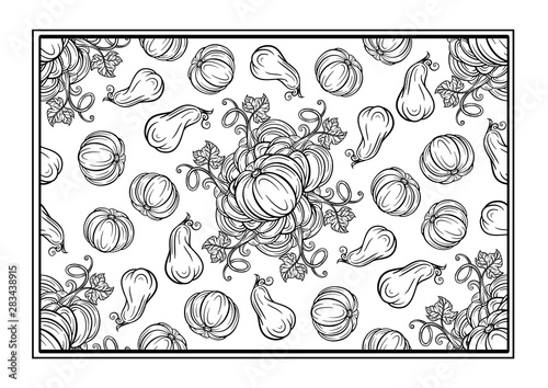 Black and white autumn ornament. Pumpkins and autumn leaves coloring page