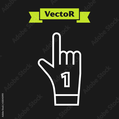White line Number 1 one fan hand glove with finger raised icon isolated on black background. Symbol of team support in competitions. Vector Illustration