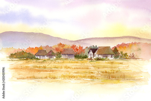 秋の里山風景　水彩画