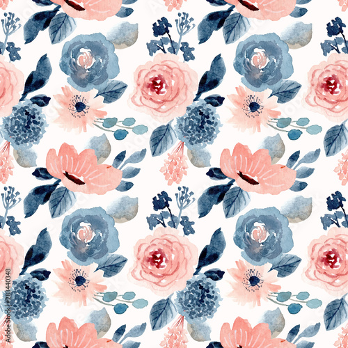 blush blue floral watercolor seamless pattern