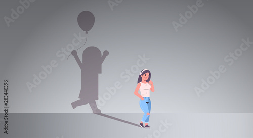 woman dreaming about being a child shadow of little girl with air balloon imagination aspiration concept female cartoon character standing pose full length flat horizontal