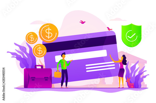 Credit card security, protecting financial savings. Monthly pay, salary, budget. Personal bank account, savings bank deposit, fixed rate loan concept. Vector isolated concept creative illustration