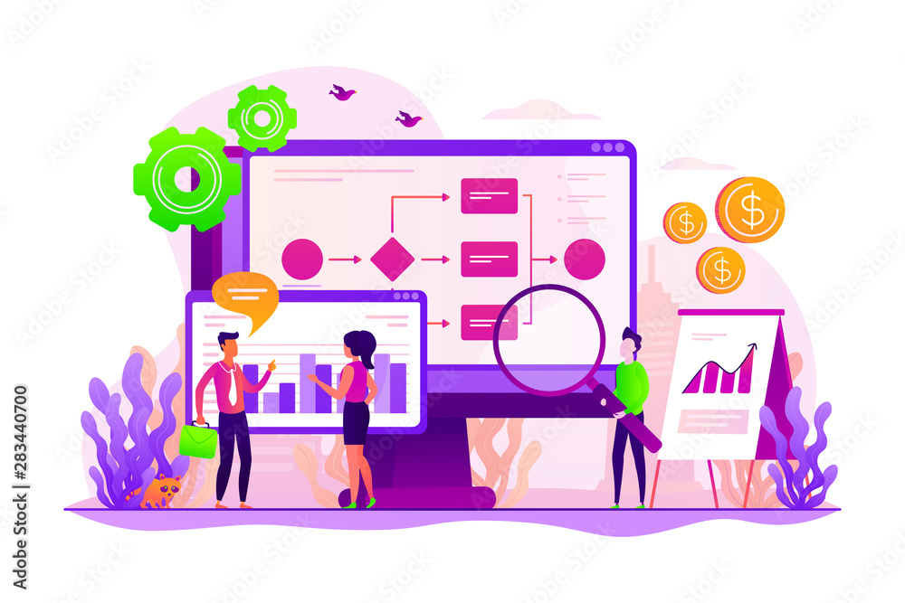 Company strategy. Work organization. Project management. Business process automation, business process workflow, automated business system concept. Vector isolated concept creative illustration
