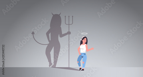 girl with nimbus choosing between good and evil shadow of devil imagination aspiration concept female cartoon character standing pose full length flat horizontal