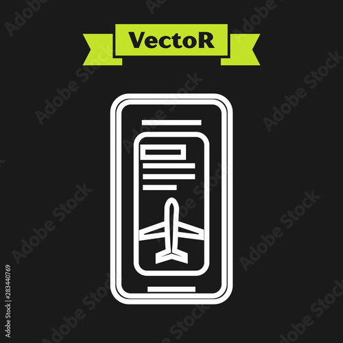 White line Smartphone with electronic boarding pass airline ticket icon isolated on black background. Passenger plane mobile ticket for web and app. Vector Illustration