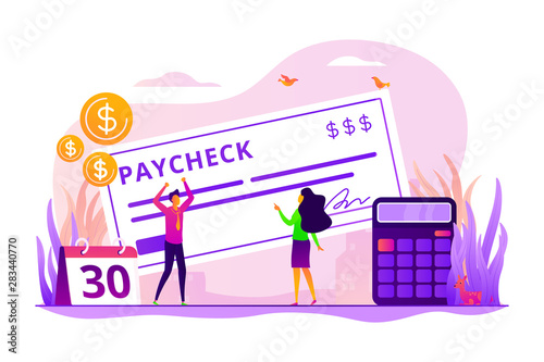 Money prize. Cash lottery winning. Salary payment. Calendar with payday. Tax free income. Paycheck cash, payroll tax deposit, payroll software concept. Vector isolated concept creative illustration