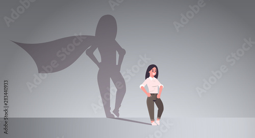 businesswoman dreaming about being super hero shadow of woman with cape imagination aspiration concept female cartoon character standing pose full length flat horizontal