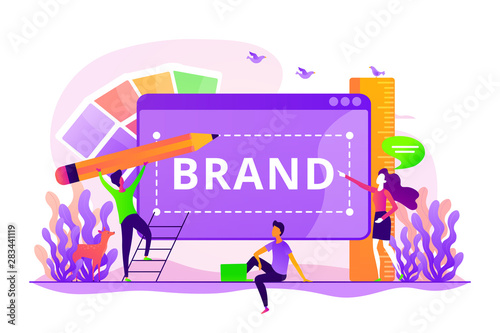 Corporate identity, company logo, name creating. Designers and marketers teamwork. Brand identity, business card, social media advertisement concept. Vector isolated concept creative illustration