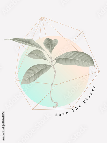 Botanical typographic poster, dragonfly, small tree with save the planet letteri Fototapet