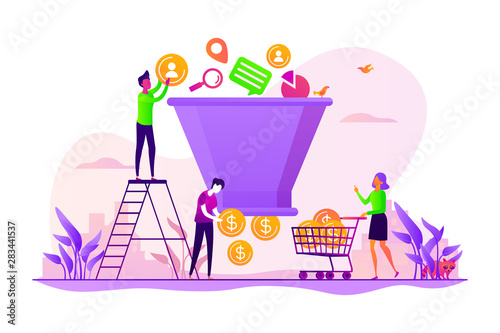Lead generation, targeted marketing campaign strategy. Sales funnel management, customer journey representation, sales funnel stages concept. Vector isolated concept creative illustration