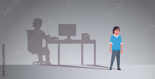 guy dreaming about being freelancer shadow of man working on computer at workplace imagination aspiration concept male cartoon character full length flat horizontal