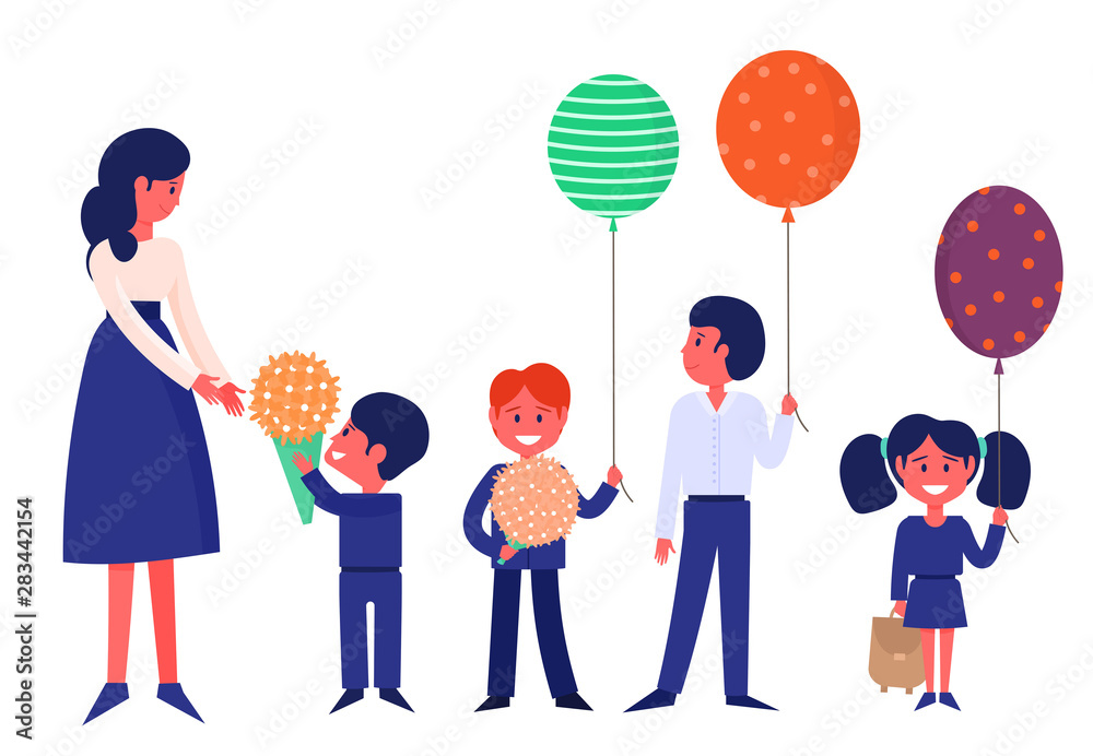 Children with teacher, little pupils on September 1st Children with teacher, little pupils on September 1st