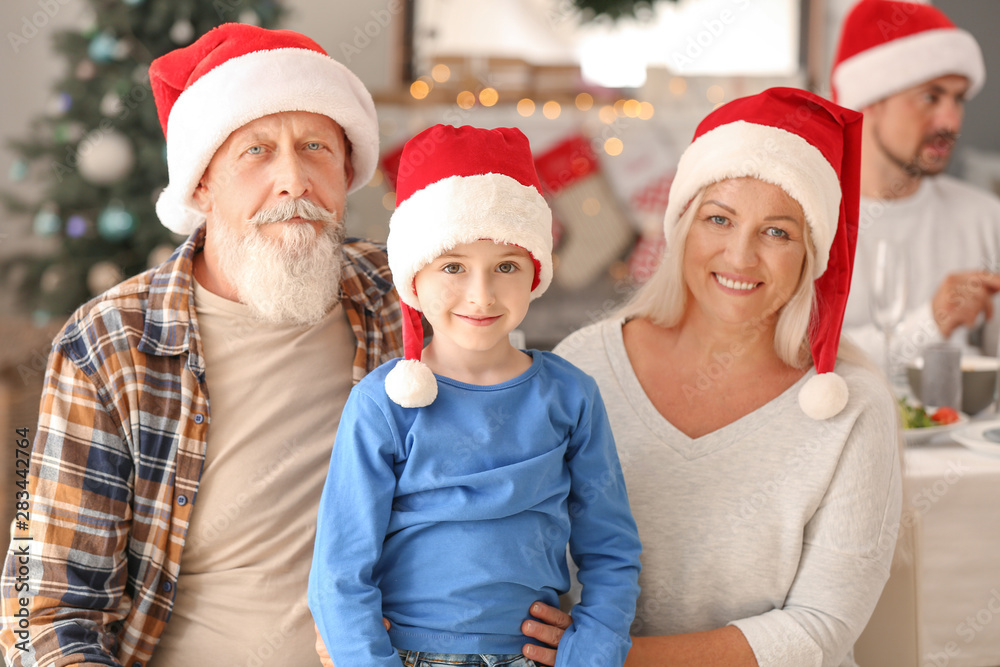 Happy grandparents with little boy during Christmas party at home Happy grandparents with little boy during Christmas party at home