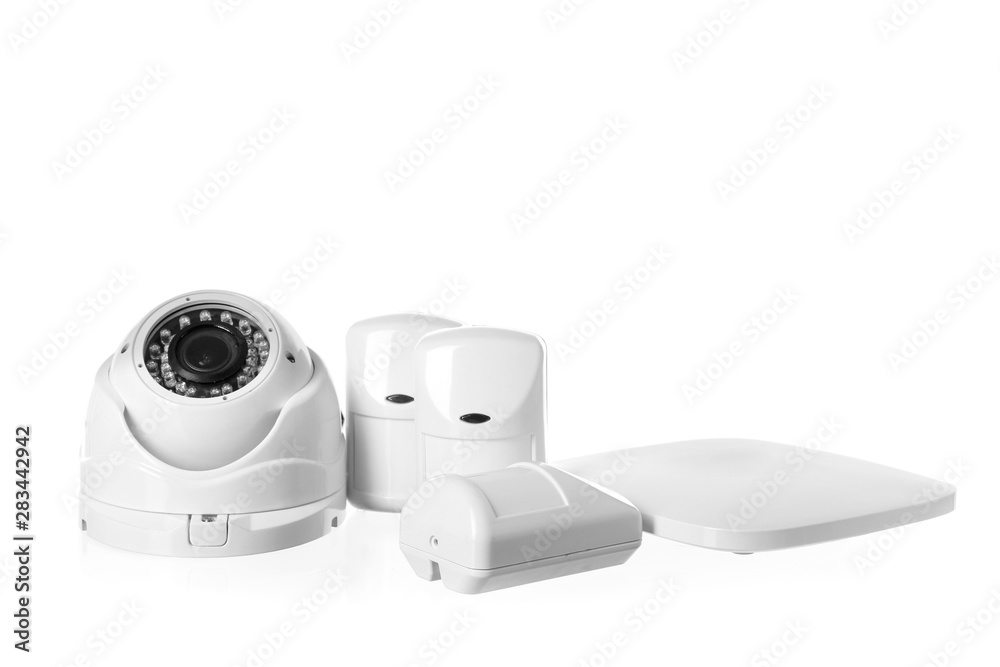 Different equipment of security system on white background Different equipment of security system on white background