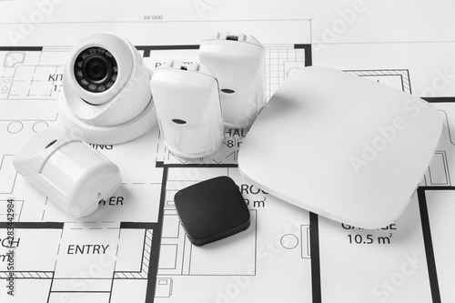 Konstfotografi Different equipment of security system on home plan