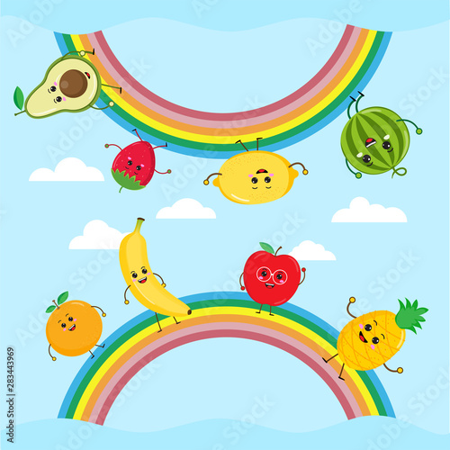 cartoon Funny fruit characters, apple, avocado, banana, Orange, lamon, pineapple, strawberry, watermelon, kawaii characters