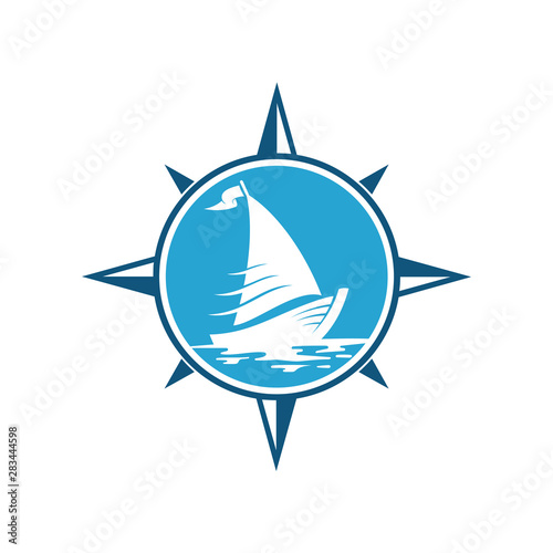compass sailboat logo.flat emblem style.sailing adventure vector.ocean wave.modern design concept