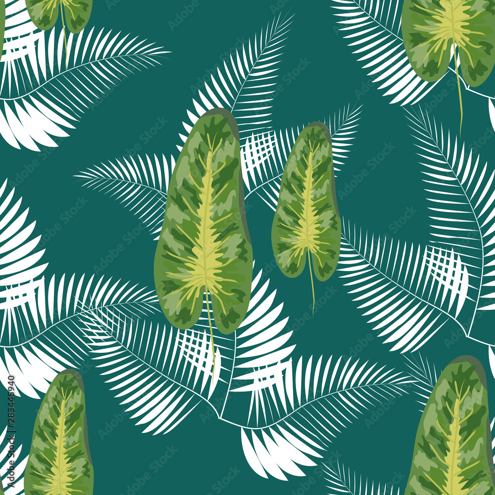 Fototapeta turkusowe i zielone liście tropikalne. Bezszwowa grafika z niesamowitymi dłońmi.