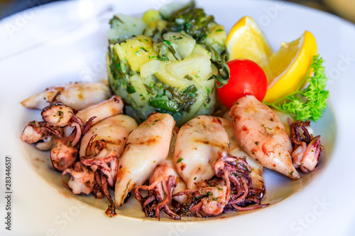 Fotografie Baby squid and blitva, mashed potatoes with chard, served with lettuce, lemon an